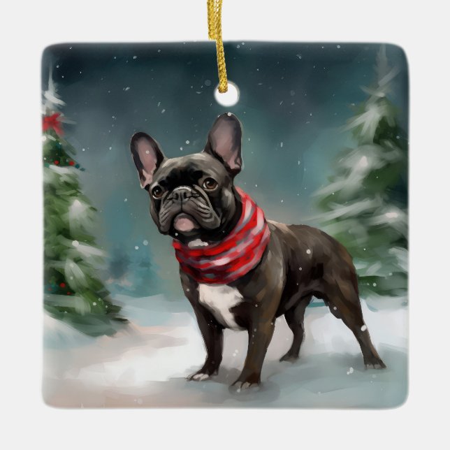 Französischer Bulldog zu Weihnachten im Schnee Keramikornament (Vorderseite)
