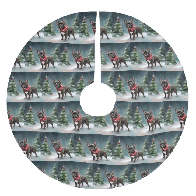 Französischer Bulldog zu Weihnachten im Schnee Polyester Weihnachtsbaumdecke (Vorderseite)