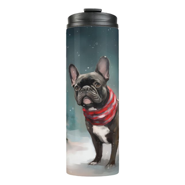 Französischer Bulldog zu Weihnachten im Schnee Thermosbecher (Vorderseite)