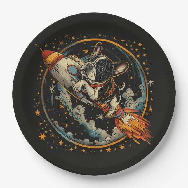 Französischer Bulldogge-Astronaut Pappteller (Vorderseite)