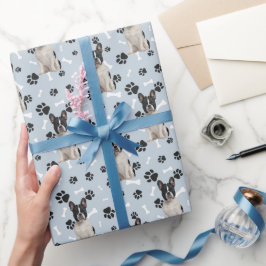 Französischer Bulldogge Druckmuster auf Silberblau Geschenkpapier