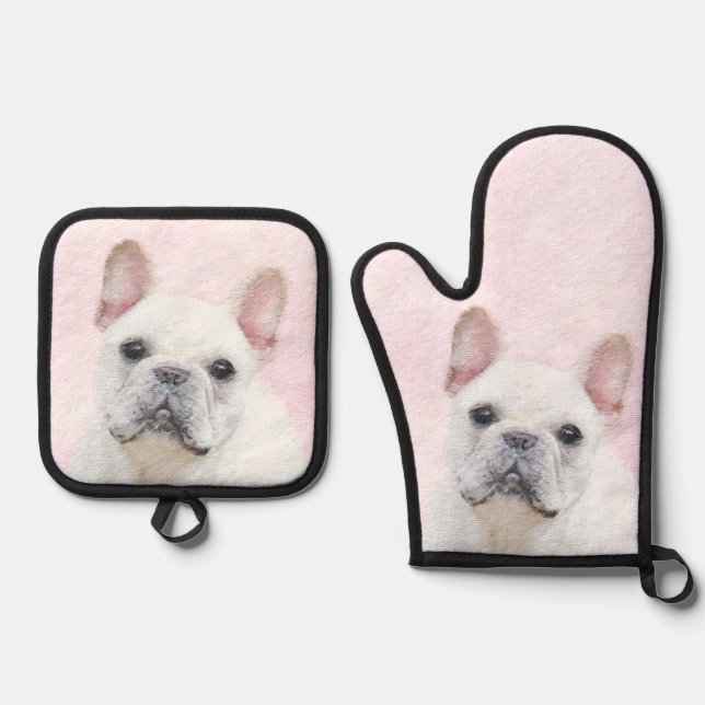 Französischer Bulldogge Malerei Weißes Cream Pet H Ofenhandschuh & Topflappen-Set (Vorderseite)