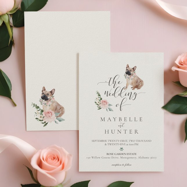 Französischer Bulldogge Pet & Rosa Rose Einladung (Watercolor French Bulldog Pet & Floral Pink Rose Invitation)