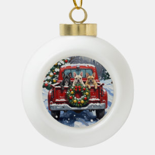 Französischer Bulldogge Weihnachten Rotes Lastwage Keramik Kugel-Ornament