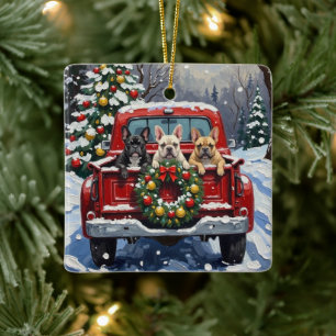 Französischer Bulldogge Weihnachten Rotes Lastwage Keramikornament