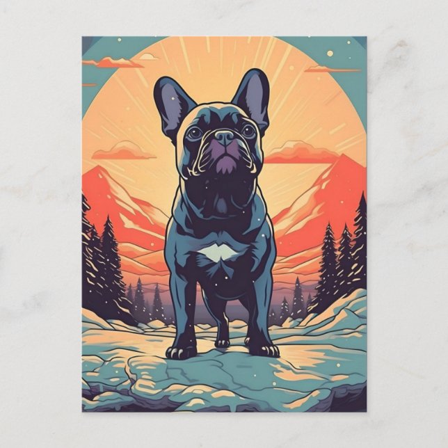 Französischer Bulldoggen-Winterwald bei Sonnensche Postkarte (Vorderseite)