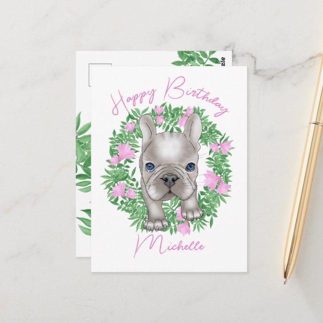 Französischer Bulldoghund. Happy Birthday Postkarte (Vorderseite/Rückseite Beispiel)