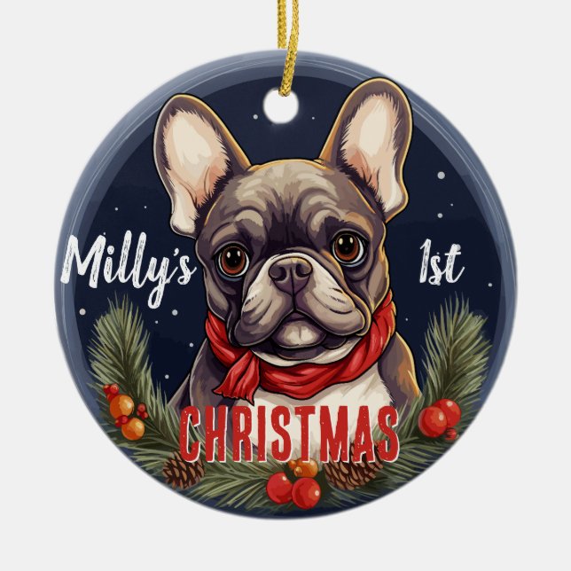 Französischer Bulldog's First Christmas Keramik Ornament (Vorne)