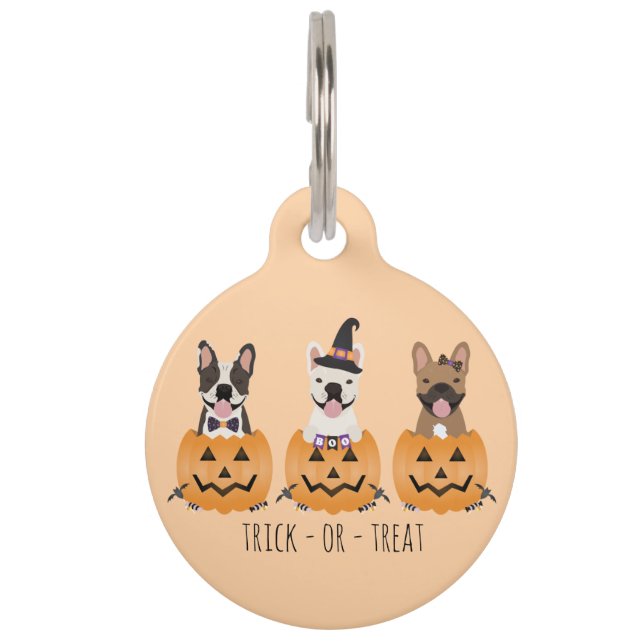 Französischer Bulldogs Trick oder Treat Pumpkin Haustiermarke (Vorderseite)