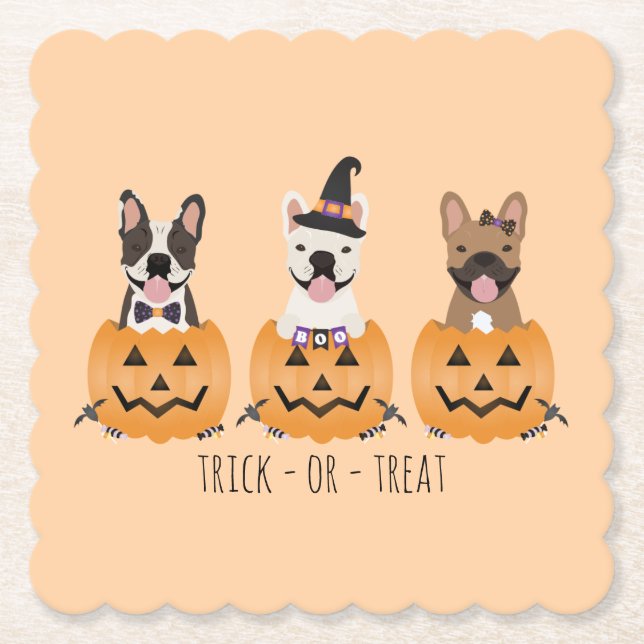 Französischer Bulldogs Trick oder Treat Pumpkin Untersetzer (Vorderseite)