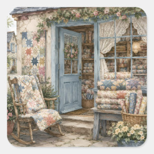 Französischer Cottagecore-Quiltladen Wasserfarbe Quadratischer Aufkleber