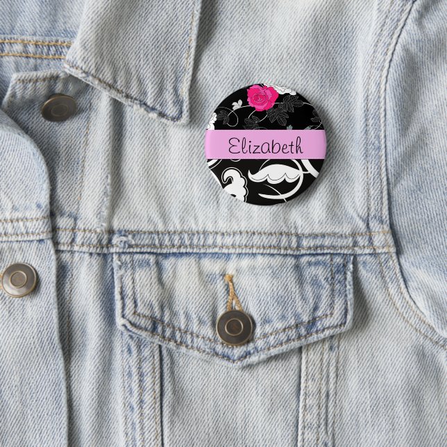 Französischer Damast, Blume, Schwarz und Weiß, Ihr Button (Beispiel)