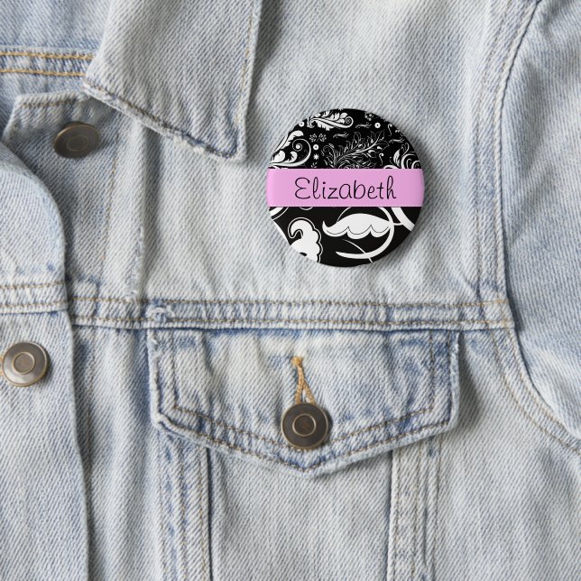 Französischer Damast, Blume, Schwarz und Weiß, Ihr Button (Beispiel)
