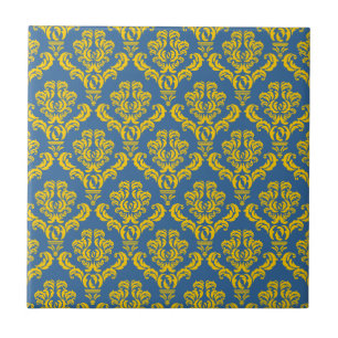 Französischer Empire-Damask in Gelb und Azurblau Fliese