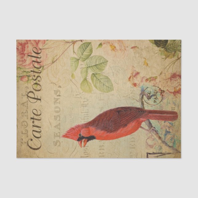 Französischer Ephemera Kardinal Bird Pink Roses De Seidenpapier (Vorderseite)