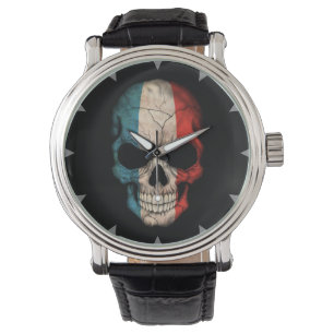 Französischer Flaggen-Schädel auf Schwarzem Armbanduhr