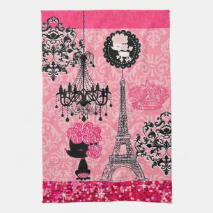 Französischer Girly Eiffelturm, Welpe u. Damast Handtuch