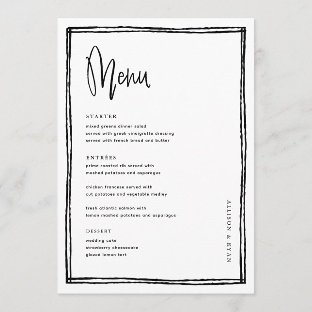 Französischer Hochzeitstisch mit Handschrift Menükarte (Vorderseite)