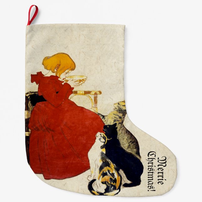 Französischer Kunst Nouveau Katzen Merrie Großer Weihnachtsstrumpf (Vorderseite)