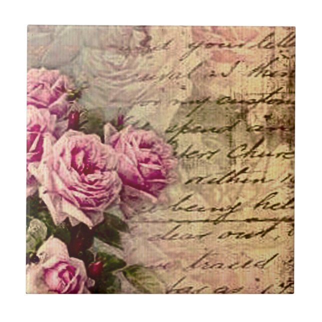 Französischer Landschick, Shabby Chic, rosa Rosen, Fliese (Vorderseite)