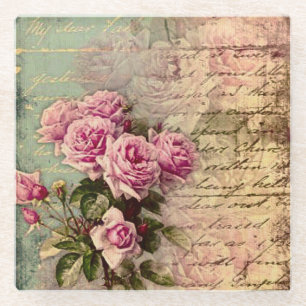 Französischer Landschick, Shabby Chic, rosa Rosen Glasuntersetzer