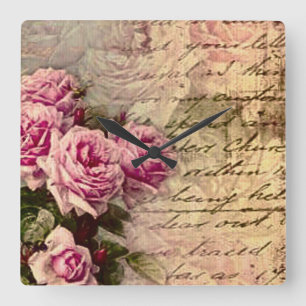 Französischer Landschick, Shabby Chic, rosa Rosen Quadratische Wanduhr