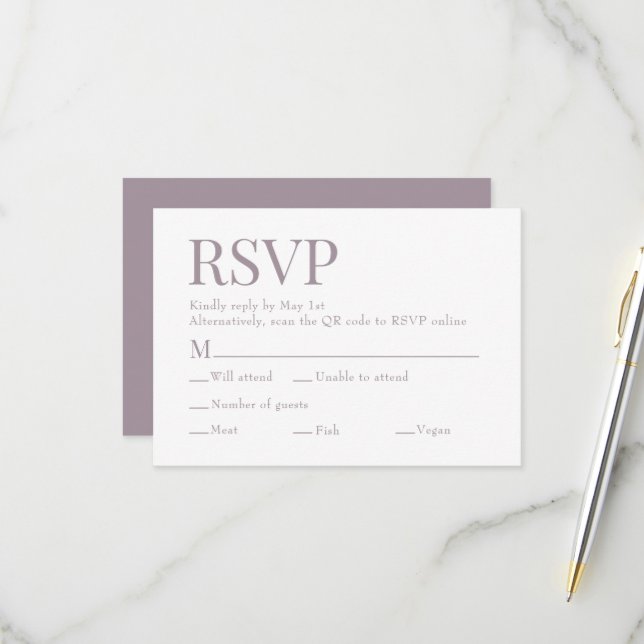 Französischer Lilac Scan Qr Code Wahl Hochzeit RSVP Karte (Vorderseite/Rückseite Beispiel)