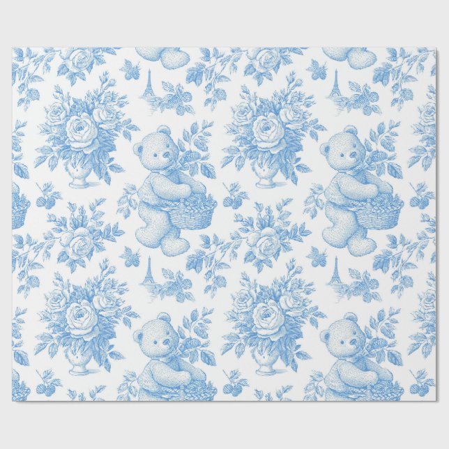 Französischer Toile-Floral-Bär Geschenkpapier (Flach)
