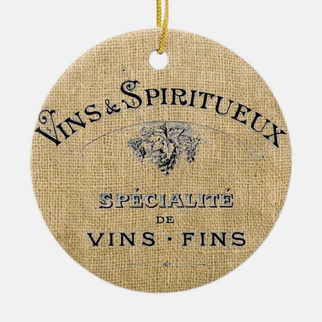 Französischer Wein auf Burlap Keramik Ornament (Vorne)