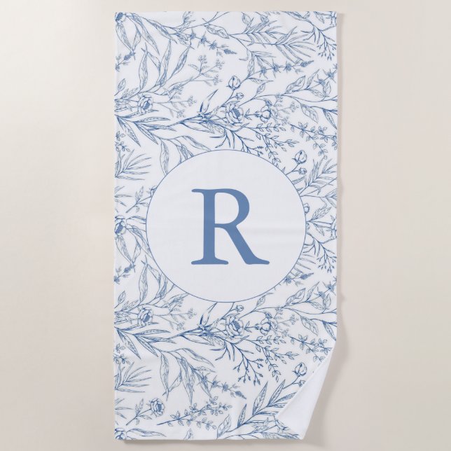 Französisches Blumenhandtuch Blue Monogram Beach H Strandtuch (Vorderseite)