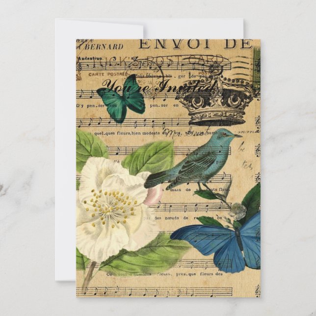 französisches botanisches Vintagen Kronenvogel Einladung (Vorderseite)