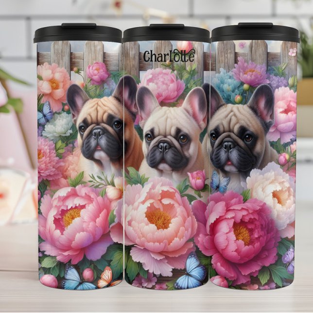 Französisches Bulldog-Trio: Blumen, Schmetterlings Thermosbecher (Von Creator hochgeladen)