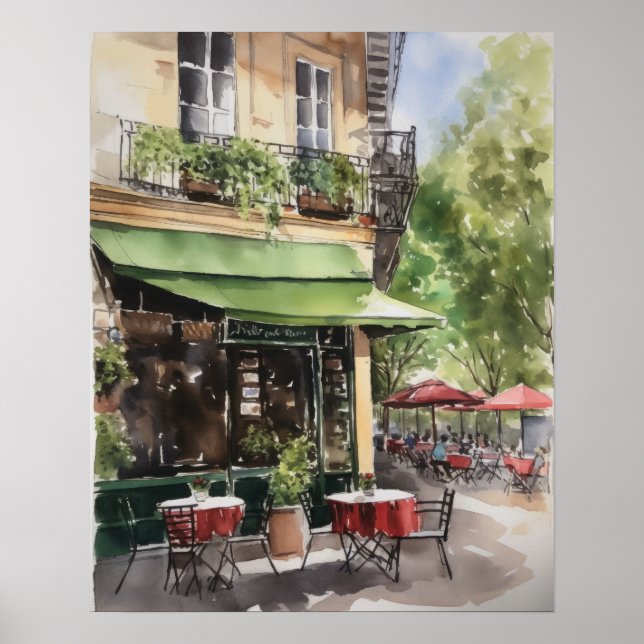Französisches Café Watercolor Landschaft Kunst, Di Poster (Vorne)