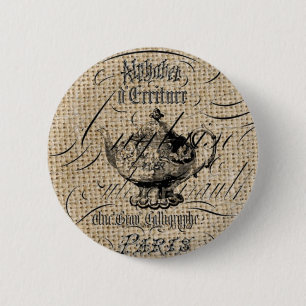Französisches Country Burlap Skripte Teekanne Tee Button