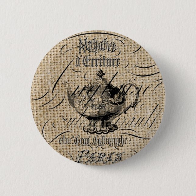 Französisches Country Burlap Skripte Teekanne Tee  Button (Vorderseite)