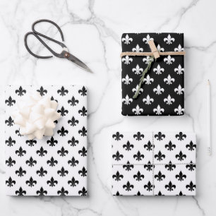 Französisches Fleur De Lis Muster Schwarz Und Weiß Geschenkpapier Set