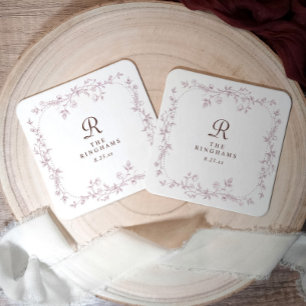 Französisches florales Dusty Rose Mauve Monogramm  Rechteckiger Pappuntersetzer
