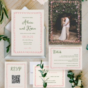 Französisches Foto für Hochzeiten in Rosa und Grün Einladung