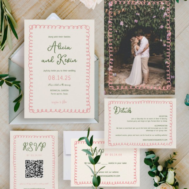 Französisches Foto für Hochzeiten in Rosa und Grün Einladung (Von Creator hochgeladen)
