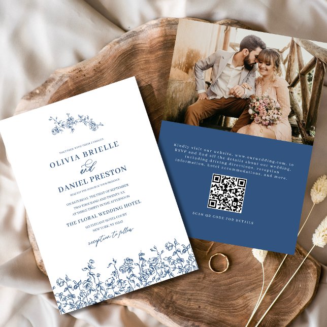 Französisches Foto QR Code Navy Blue Wedding Einladung (Von Creator hochgeladen)