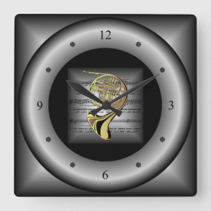 Französisches Horn ~ 3D Sheet Music ~ Pillow Silv Quadratische Wanduhr