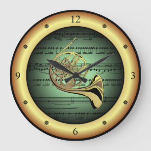 Französisches Horn ~ Blatt Music ~ Green/Gold Hint Große Wanduhr