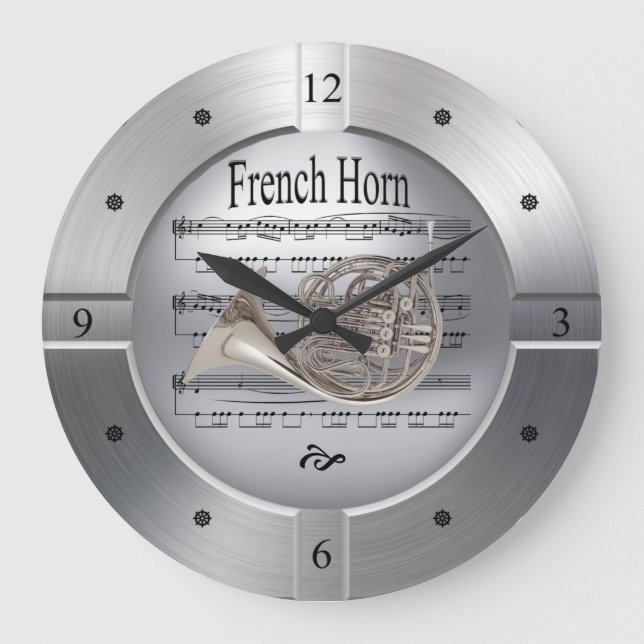 Französisches Horn ~ Blatt Musik ~ Gespürte Silber Große Wanduhr (Vorderseite)