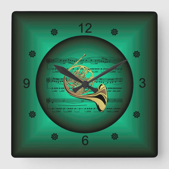 Französisches Horn ~ Musik ~ La musica ~ Música ~  Quadratische Wanduhr (Vorderseite)
