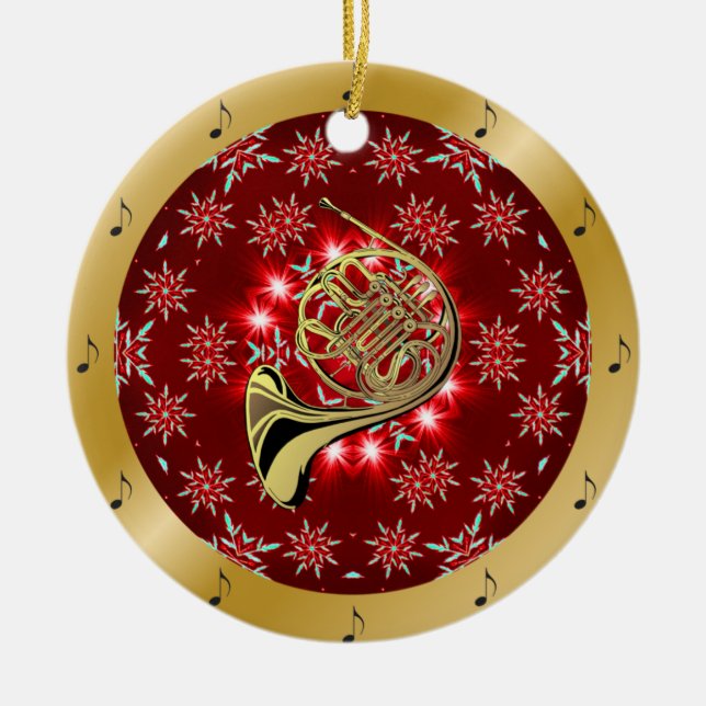Französisches Horn ~ Silver ~ Red~ Gold ~ Weihnach Keramik Ornament (Vorne)
