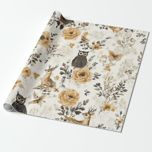 Französisches Land Beige Eule Blumenmuster Geschenkpapier