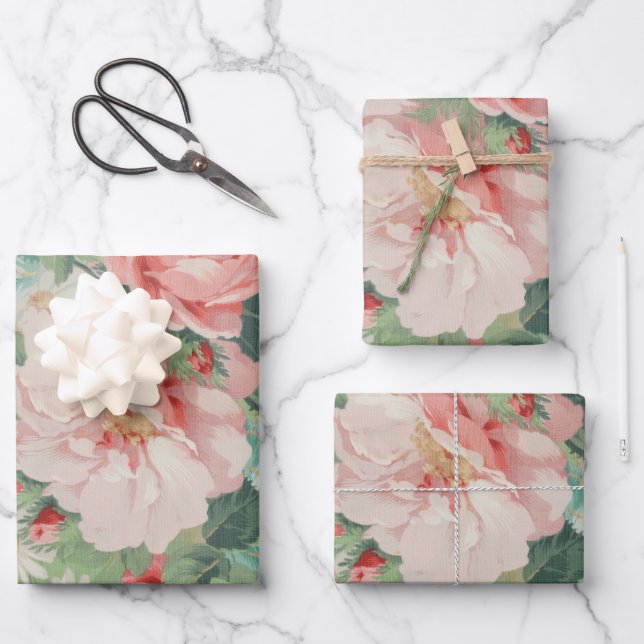 Französisches Land Vintag Antike Rose Cabbage Geschenkpapier Set (Vorderseite)