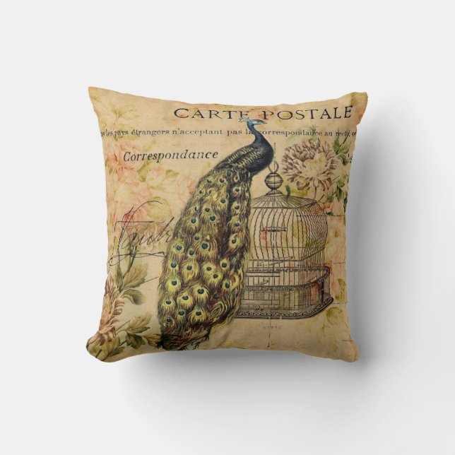 französisches Landkunst nouveau Vintager Pfau Kissen (Vorderseite)