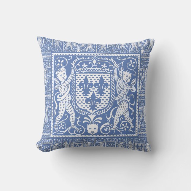 Französisches mittelalterliches Chateau Blue Fleur Kissen (Vorderseite)