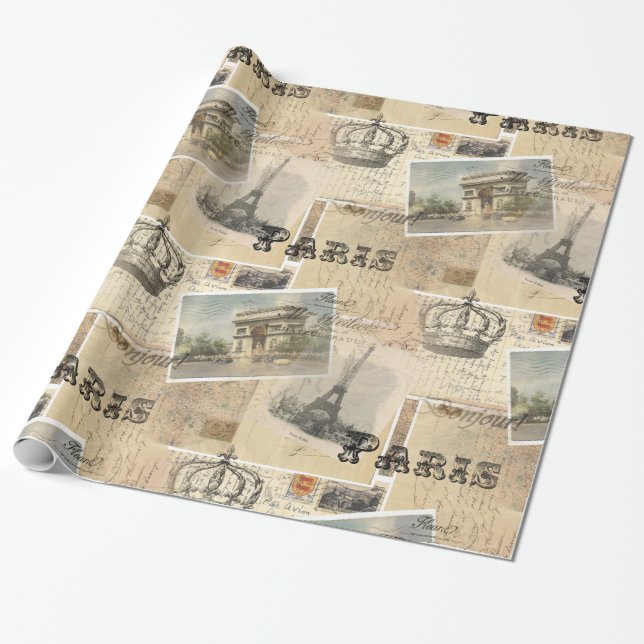Französisches Postkarten-Collagen-Packpapier Geschenkpapier (Ungerollt)